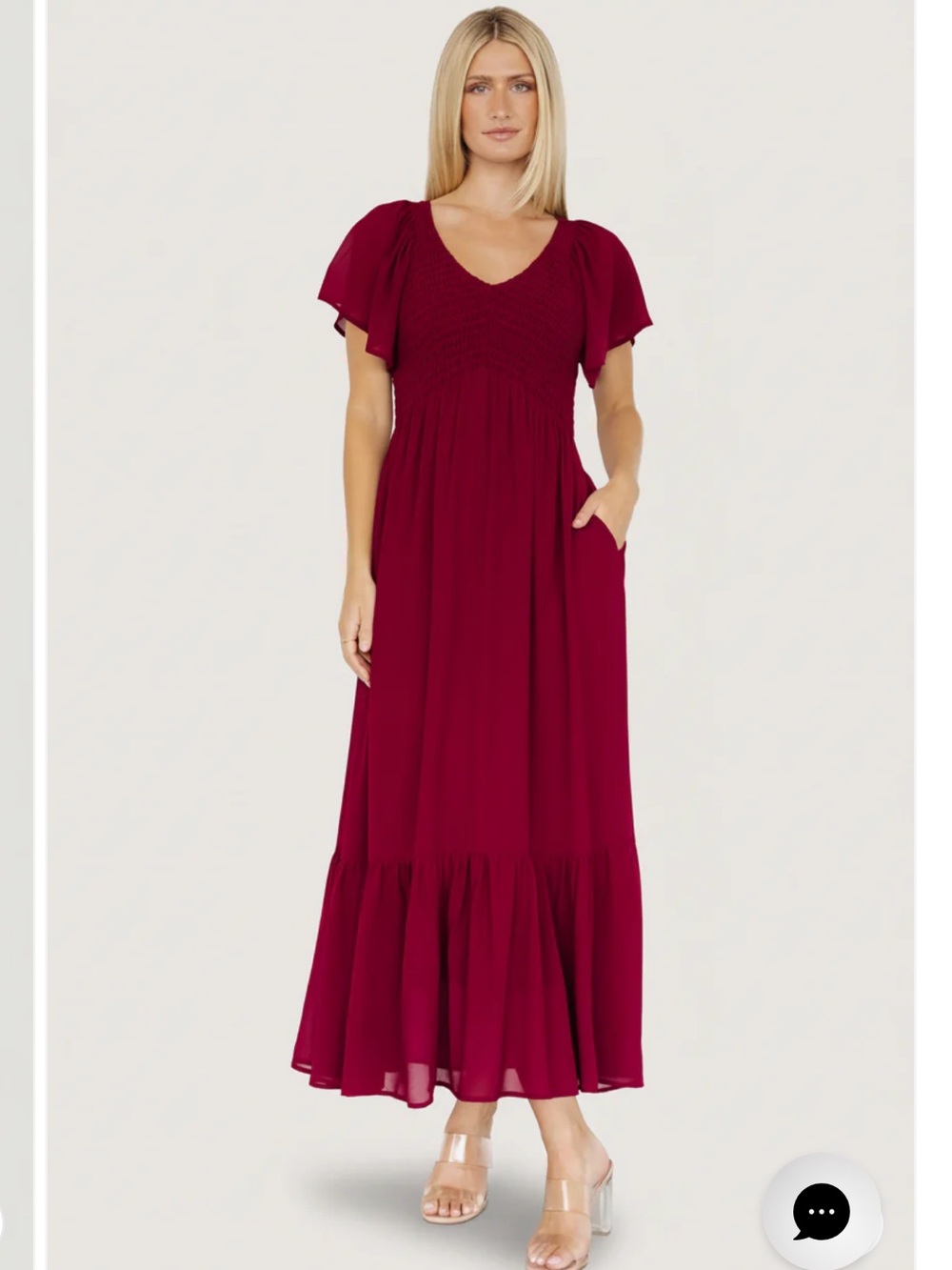 Baltic Born “Monica” Mulberry Smocked Maxi Dress with Flutter Sleeves